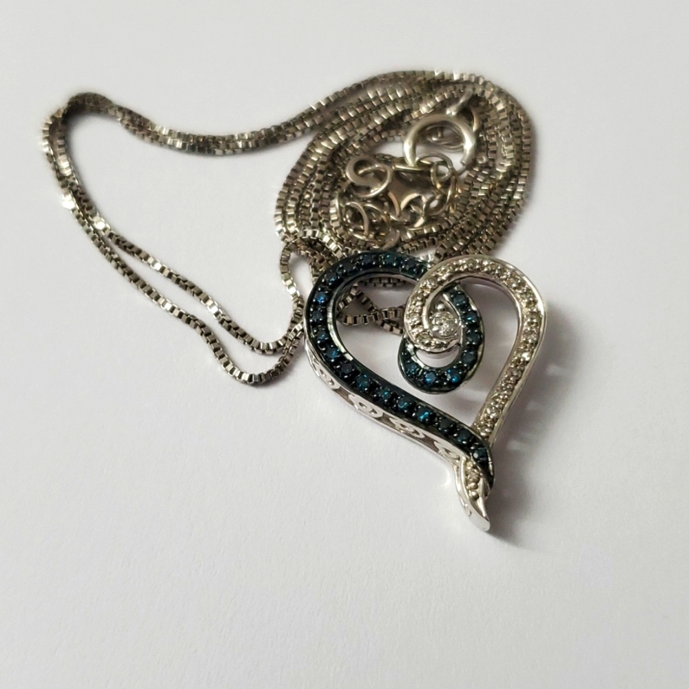 Sterling Silver 925 Blue Diamond and White Diamond Heart Necklace